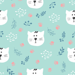 Cute Cat Seamless pattern. Cartoon Animals in forest background. Vector illustration