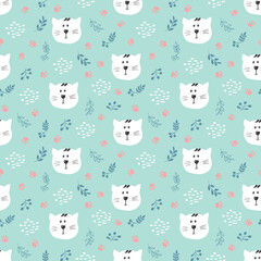 Fototapeta premium Cute Cat Seamless pattern. Cartoon Animals in forest background. Vector illustration