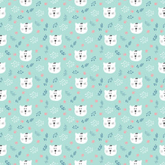 Fototapeta premium Cute Cat Seamless pattern. Cartoon Animals in forest background. Vector illustration