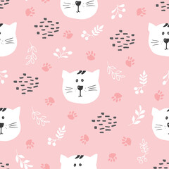 Cute Cat Seamless pattern. Cartoon Animals in forest background. Vector illustration