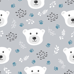 Cute bear Seamless pattern. Cartoon Animals in forest background. Vector illustration