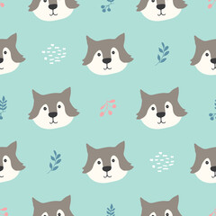 Cute wolf Seamless pattern. Cartoon Animals in forest background. Vector illustration