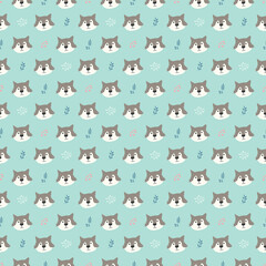 Cute wolf Seamless pattern. Cartoon Animals in forest background. Vector illustration