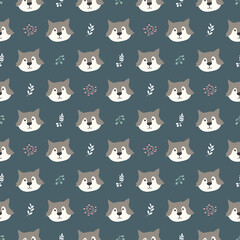 Cute wolf Seamless pattern. Cartoon Animals in forest background. Vector illustration