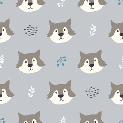 Cute wolf Seamless pattern. Cartoon Animals in forest background. Vector illustration