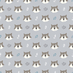 Cute wolf Seamless pattern. Cartoon Animals in forest background. Vector illustration