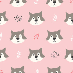 Cute wolf Seamless pattern. Cartoon Animals in forest background. Vector illustration