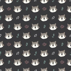 Fototapeta premium Cute wolf Seamless pattern. Cartoon Animals in forest background. Vector illustration