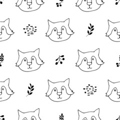 Cute wolf Seamless pattern. Cartoon Animals in forest background. Vector illustration