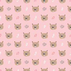 Cute Beaver Seamless pattern. Cartoon Animals in forest background. Vector illustration