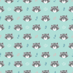 Cute Raccoon Seamless pattern. Cartoon Animals in forest background. Vector illustration