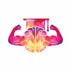 Graduation cap and brain vector logo design. Education Brain with strong double biceps.