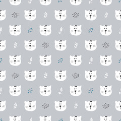 Obraz premium Cute Cat Seamless pattern. Cartoon Animals in forest background. Vector illustration