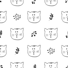 Cute Cat Seamless pattern. Cartoon Animals in forest background. Vector illustration