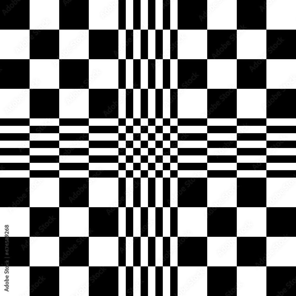 Poster Chess pattern with a cross in the center of the canvas. Rectangles and squares in black and white create a checkerboard abstraction.