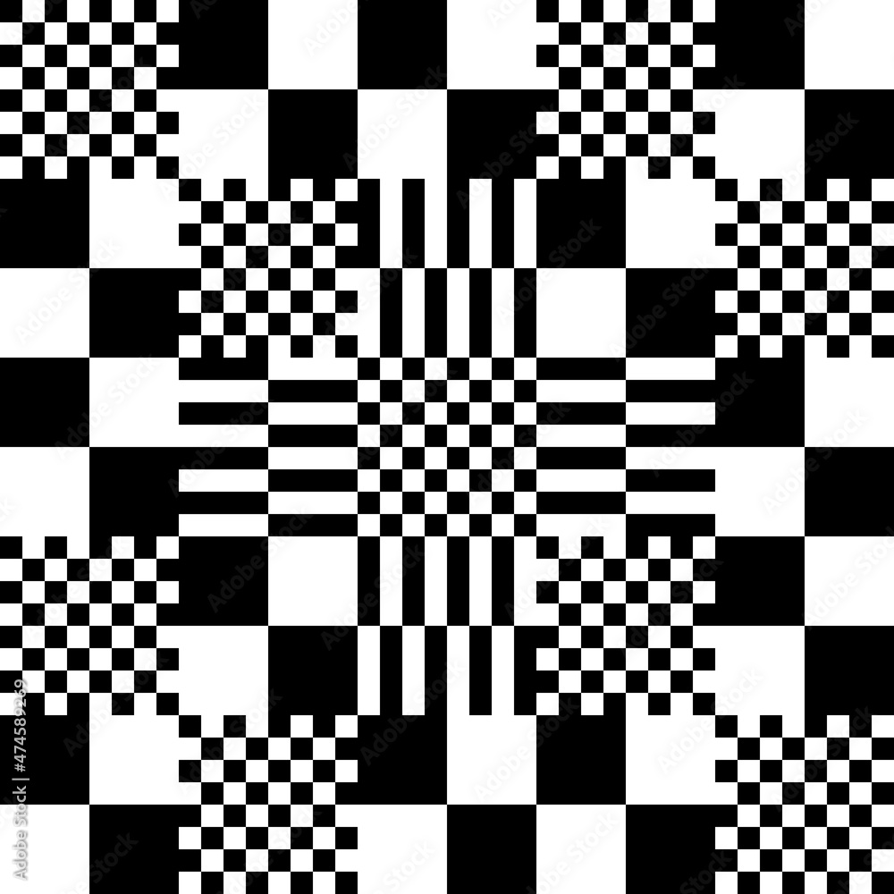 Poster Simple chess pattern in black and white with different cells. Small pixel squares or checker-type rectangles.