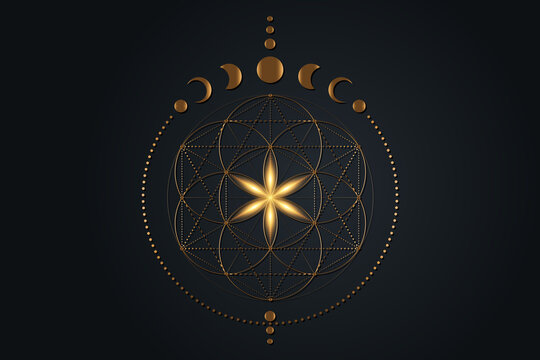 Mystical flower of life and Moon Phases, Sacred geometry. Gold Seed of life. Pagan Wiccan goddess symbol, old golden wicca banner sign, energy circles, boho style vector isolated on black background