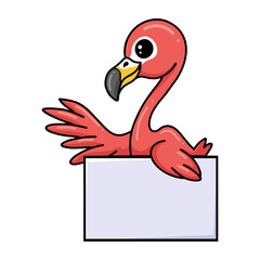 Cute little pink flamingo cartoon with blank sign
