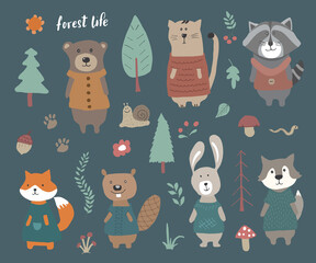 Cute Animals in clothes. Cartoon forest wildlife animals collection, fox, wolf, bear, beaver, raccoon, rabbit and wild cat. Vector illustration