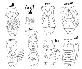 Cute Animals in clothes. Cartoon forest wildlife animals collection, fox, wolf, bear, beaver, raccoon, rabbit and wild cat. Vector illustration