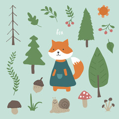 Cute Fox in forest. Cartoon Animal in Woodland with trees and plants. Vector illustration