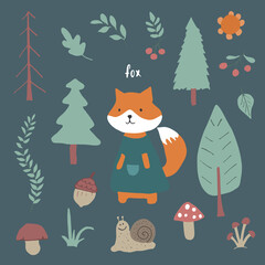 Cute Fox in forest. Cartoon Animal in Woodland with trees and plants. Vector illustration