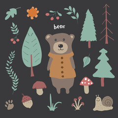 Cute Bear in forest. Cartoon Animal in Woodland with trees and plants. Vector illustration