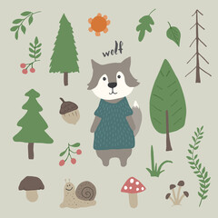 Cute Wolf in forest. Cartoon Animal in Woodland with trees and plants. Vector illustration