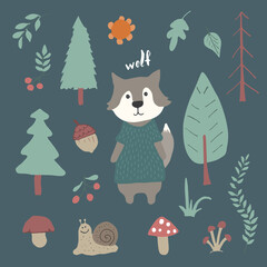 Fototapeta na wymiar Cute Wolf in forest. Cartoon Animal in Woodland with trees and plants. Vector illustration