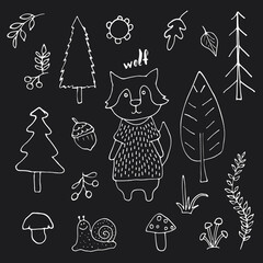 Cute Wolf in forest. Cartoon Animal in Woodland with trees and plants. Vector illustration