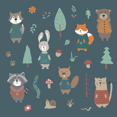 Cute Animals in clothes. Cartoon forest wildlife animals collection, fox, wolf, bear, beaver, raccoon, rabbit and wild cat. Vector illustration