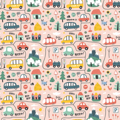 Cute Cars Seamless Pattern, Cartoon transportation Doodles Background, vector Illustration