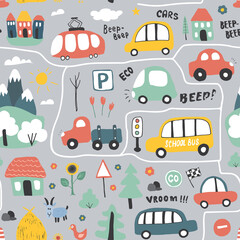 Fototapeta na wymiar Cute Cars Seamless Pattern, Cartoon transportation Doodles Background, vector Illustration