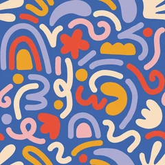 Contemporary art collage with multicolor abstract shapes. Vector seamless pattern with Scandinavian cut out elements.