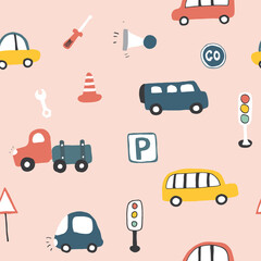 Fototapeta premium Cute Cars Seamless Pattern, Cartoon transportation Doodles Background, vector Illustration