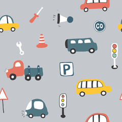 Cute Cars Seamless Pattern, Cartoon transportation Doodles Background, vector Illustration
