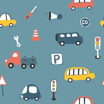 Cute Cars Seamless Pattern, Cartoon transportation Doodles Background, vector Illustration