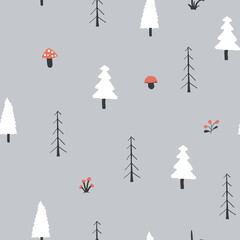 Woodland Seamless pattern, Forest background. Cute cartoon trees and plants vector illustration