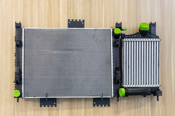 Vehicle radiator. Engine cooling system, car spare part. Isolated