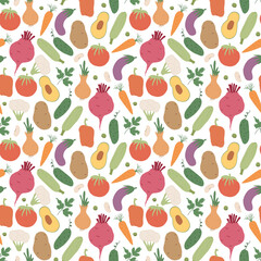 Vegetables seamless pattern. Vegetarian healthy bio food background, Vegan organic eco products pepper, tomato, cucumber, carrot, potato, avocado, beans and peas. Vector illustration