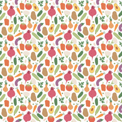 Vegetables seamless pattern. Vegetarian healthy bio food background, Vegan organic eco products pepper, tomato, cucumber, carrot, potato, avocado, beens and pees. Vector illustration