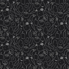 Vegetables seamless pattern. Vegetarian healthy bio food background, Vegan organic eco products pepper, tomato, cucumber, carrot, potato, avocado, beans and peas. Vector illustration