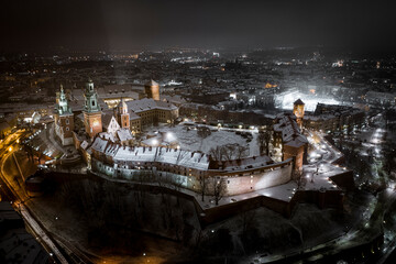 Panorama of Wawel Royal Castle at night during winter, Krakow, Poland
