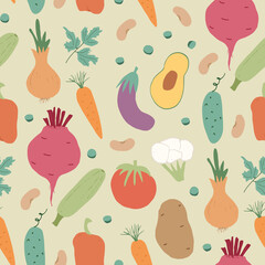 Vegetables seamless pattern. Vegetarian healthy bio food background, Vegan organic eco products pepper, tomato, cucumber, carrot, potato, avocado, beans and peas. Vector illustration