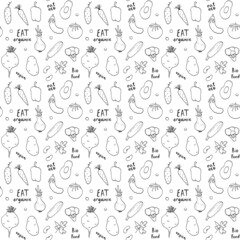 Vegetables seamless pattern. Vegetarian healthy bio food background, Vegan organic eco products pepper, tomato, cucumber, carrot, potato, avocado, beans and peas. Vector illustration