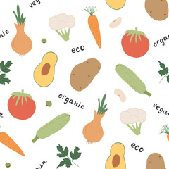 Vegetables seamless pattern. Vegetarian healthy bio food background, Vegan organic eco products pepper, tomato, cucumber, carrot, potato, avocado, beans and peas. Vector illustration