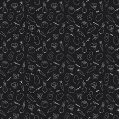 Vegetables seamless pattern. Vegetarian healthy bio food background, Vegan organic eco products pepper, tomato, cucumber, carrot, potato, avocado, beans and peas. Vector illustration