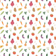 Vegetables seamless pattern. Vegetarian healthy bio food background, Vegan organic eco products pepper, tomato, cucumber, carrot, potato, avocado, beans and peas. Vector illustration