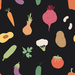 Vegetables seamless pattern. Vegetarian healthy bio food background, Vegan organic eco products pepper, tomato, cucumber, carrot, potato, avocado, beans and peas. Vector illustration