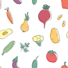 Vegetables seamless pattern. Vegetarian healthy bio food background, Vegan organic eco products pepper, tomato, cucumber, carrot, potato, avocado, beans and peas. Vector illustration